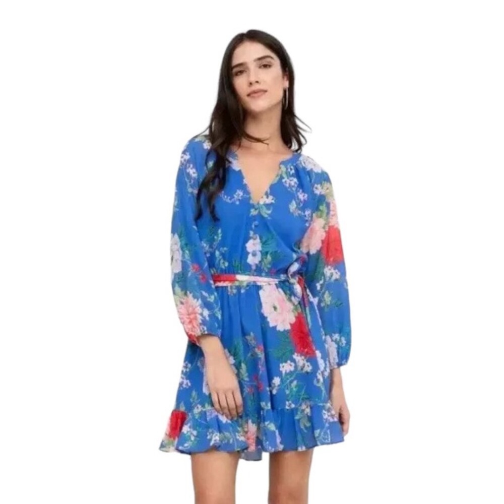 NWT Yumi Kim Prairie Dress Komodo Azure Blue Long Sleeve Mini Tie Waist Size 4